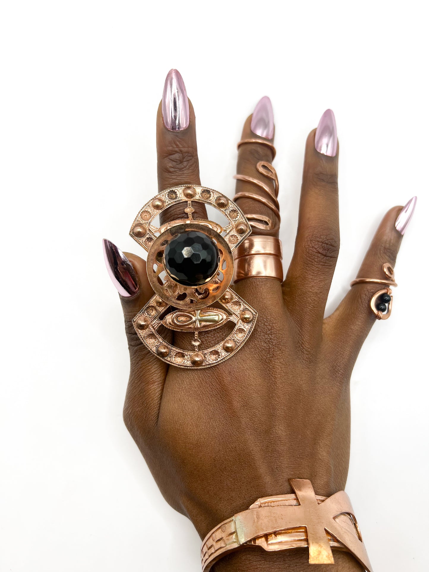 Black obsidian flower ring