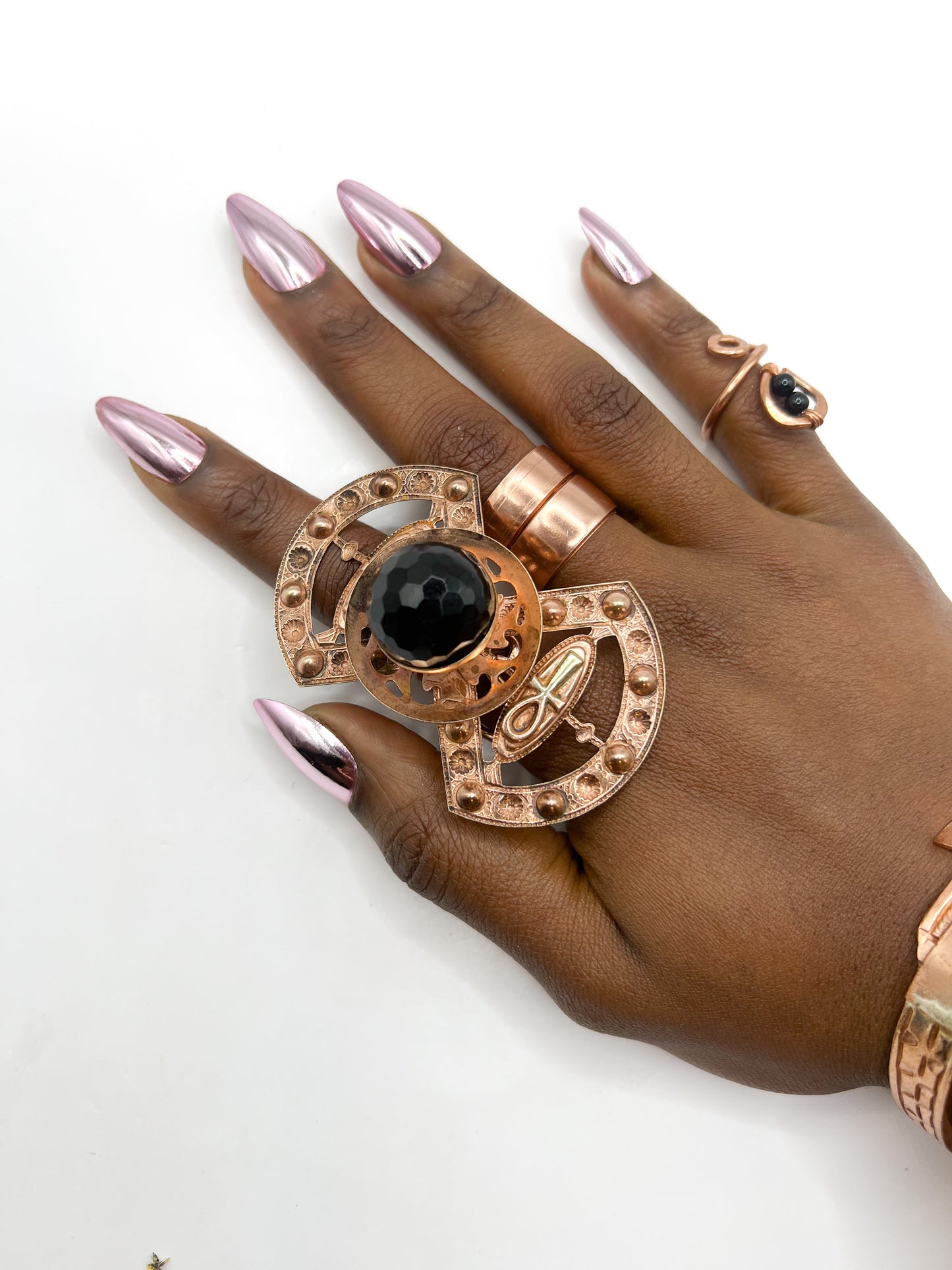 Black obsidian flower ring