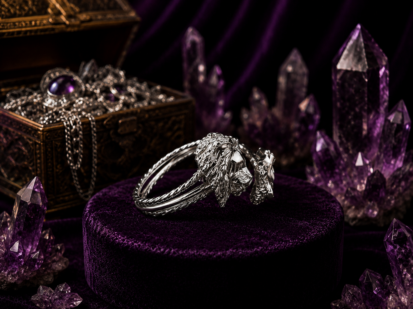 Silver double lion head bangle